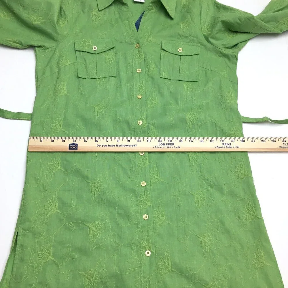 NEW Susan Graver Women's Green Linen Blend Shirt Dress Button Front Belted M